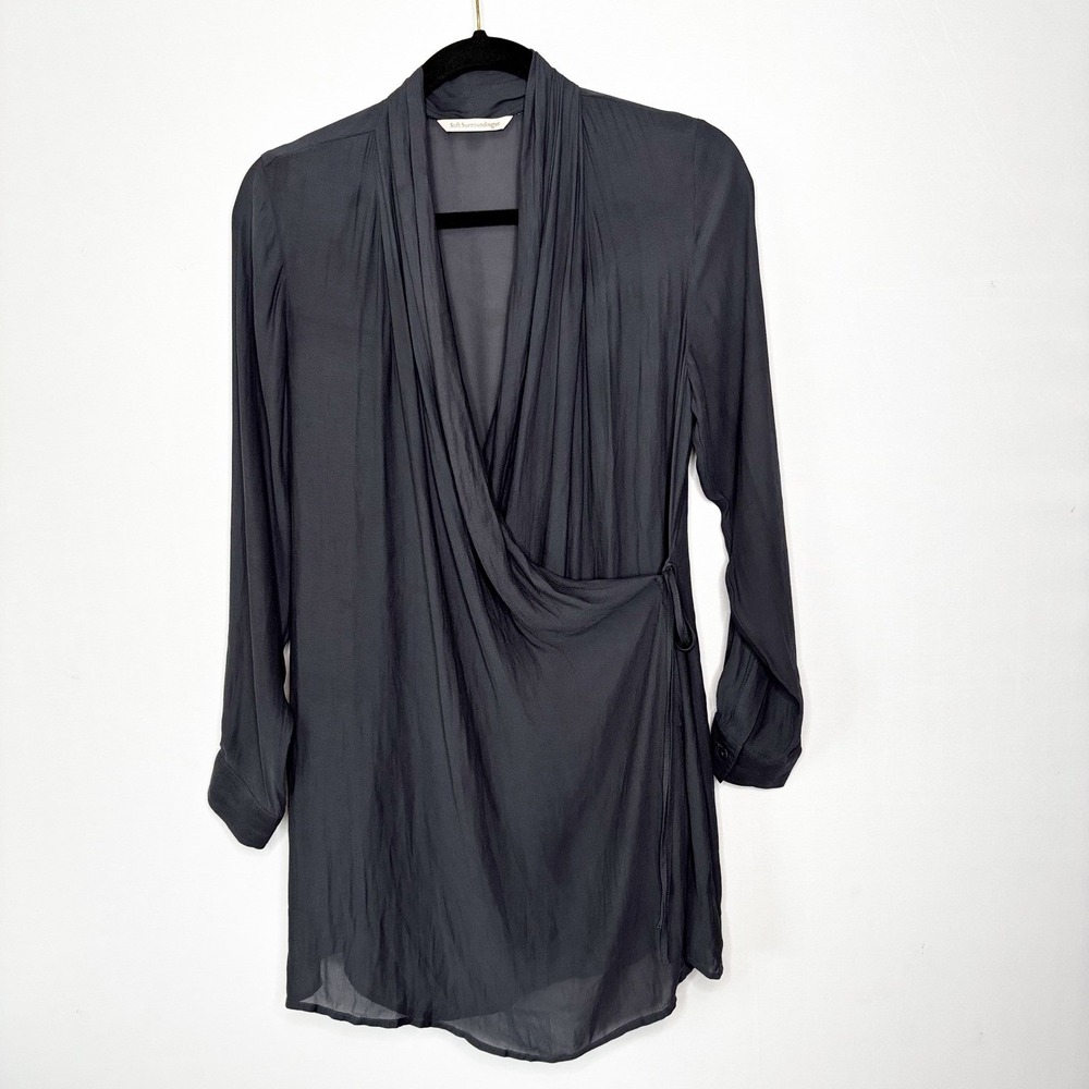 Soft‎ Surroundings Silk Charcoal Gray Wrap Tunic Blouse Sheer Back Size M
